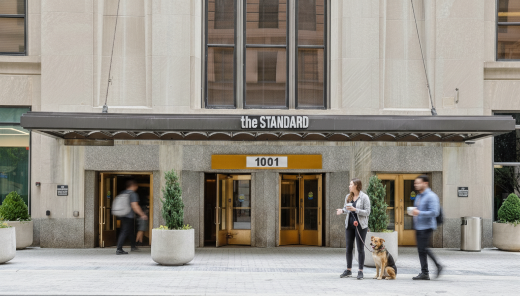Pedestrians walking outside with a dog outside of The Standard Downtown Wilmington Luxury Apartments